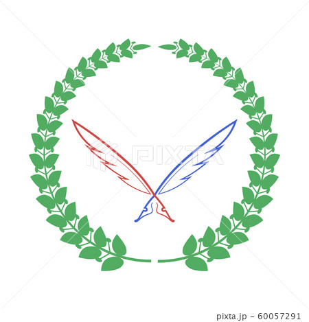 Red Blue Feathers and Green Laurel Icon Isolateed on White Background 60057291