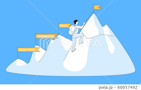 The man climbed to the top of a mountain and puts a flag. Overcoming challenges and passing stages concept. Steps to success. Business goal achieve vector illustration for web and printing. The man climbed to the top of a mountain and puts a flag. Overcoming challenges and passing stages concept. Steps to success. Business goal achieve vector illustration for web and printing. 60057492