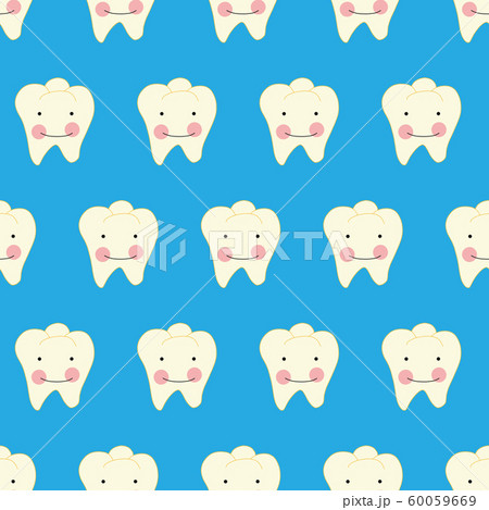Tooth with smiling face cartoon style seamless vector pattern. Dental repeating background with cute 60059669