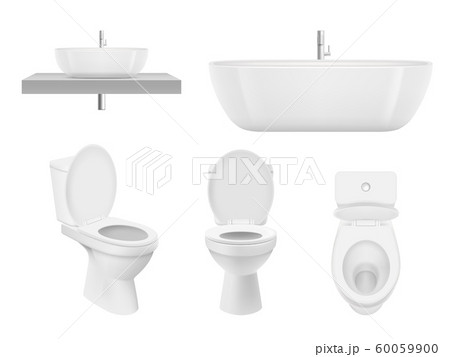 Realistic bathroom collection. Toilet, washing cabinet bowl bathroom sink clean white for fresh washroom basin. Vector pictures Realistic bathroom collection. Toilet, washing cabinet bowl bathroom sink clean white for fresh washroom basin. Vector pictures 60059900