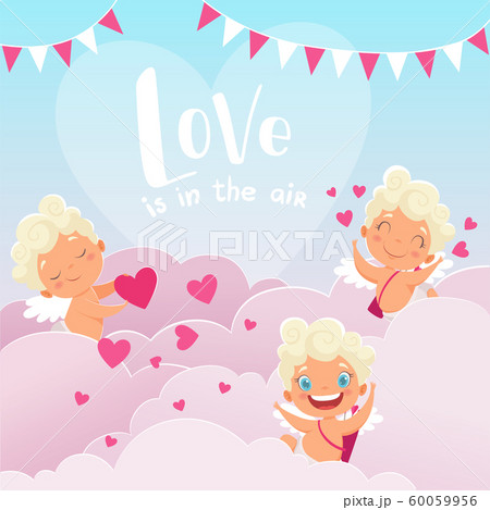 Cupid clouds background. Valentine day baby amur romantic greece god with bow flying clouds hunting lovers couples vector illustration Cupid clouds background. Valentine day baby amur romantic greece god with bow flying clouds hunting lovers couples vector illustration 60059956