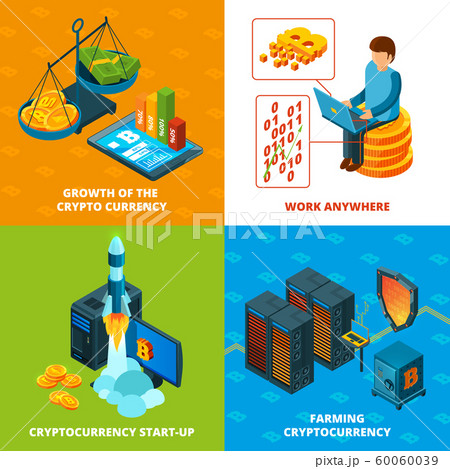 Cryptocurrency mining. Electronic money blockchain research vector concept isometric compositions Cryptocurrency mining. Electronic money blockchain research vector concept isometric compositions 60060039