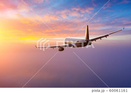 Passengers commercial airplane flying above clouds in sunset light. Concept of fast travel, holidays and business. 60061161