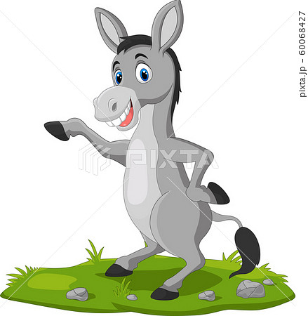 Cute Donkey Cartoon Waving Hand On The Grassのイラスト素材