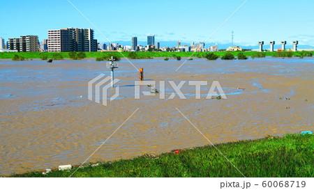 台風19号が関東を直撃した翌朝(2019年10月13日)の新荒川大橋付近の荒川の風景 台風19号が関東を直撃した翌朝(2019年10月13日)の新荒川大橋付近の荒川の風景 60068719