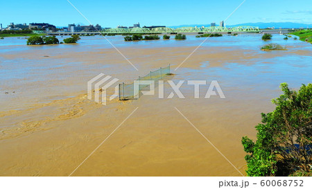 台風19号が関東を直撃した翌朝（2019年10月13日）の新荒川大橋付近の荒川の風景 60068752