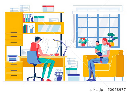 Man Type in Notebook Woman with Child Sit on Couch 60068977