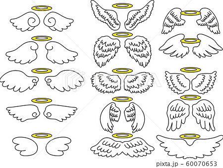 天使 翼 羽根 光輪 天使の輪 跳ぶ デザイン イラスト セットのイラスト素材