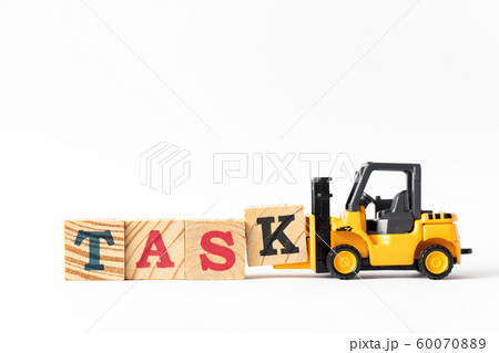 Toy forklift hold wood letter block k to complete word task 60070889