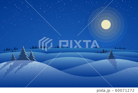 Winter night landscape with snow drifts, trees and night starry sky with moon 60071272