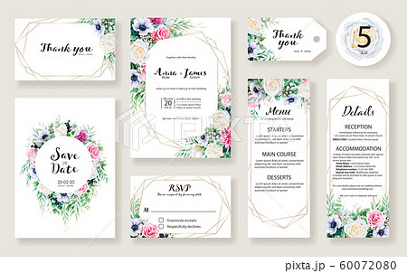 Wedding Invitation Card Set バラとアネモネ花 結婚式招待状 のイラスト素材