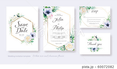 Wedding Invitation Card Set 白バラとアネモネ花 結婚式招待状 のイラスト素材 6007