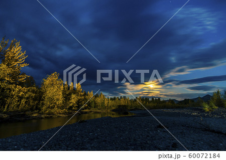 beautiful panoramic view on lake and forest at night  60072184