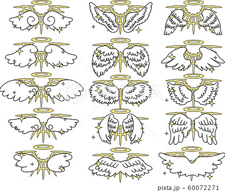 天使 翼 羽根 光輪 天使の輪 跳ぶ 神光 十字架 デザイン イラスト セットのイラスト素材