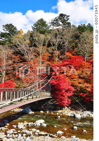 塩原温泉の町並み　紅の吊橋と紅葉 60073945