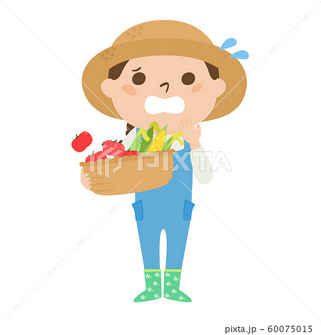 職業別 トマトやトウモロコシを持っている女性農家のイラスト 汗をかいて 慌てる女性 のイラスト素材