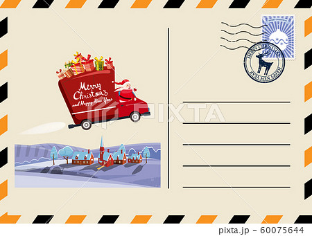 Christmas and New Year Postcard with stamps and mark. Van flies through the night sky above the Earth Santa Claus as the driver delivering gifts. Flat cartoon style vector illustration greeting card 60075644