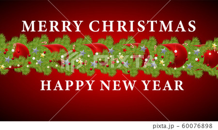 Merry Christmas and Happy New Year. Vector ornament with red balls, candy, stars and leaves Merry Christmas and Happy New Year. Vector ornament with red balls, candy, stars and leaves 60076898
