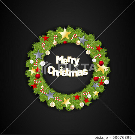 Merry Christmas with round leaves, stars and candy. vector illustration with black background 60076899