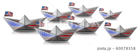 Fleet of ships with the USA flags isolated on white - Paper boats 60078358