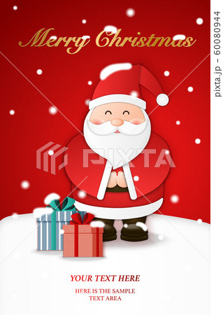 Relief paper art of Santa Claus and present gifts on the snow ground. Merry Christmas and happy new year vector clip illustration. 60080944