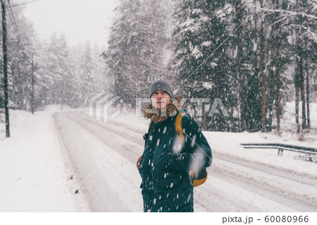 Photo of man for walk in winter forest 60080966