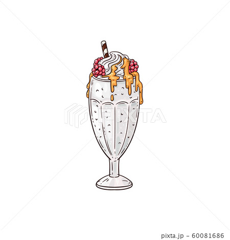 Hand drawn milkshake topped with whipped cream, red berries and caramel syrup 60081686