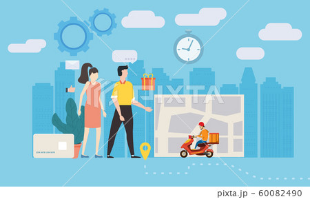 Delivery scooter service. Man woman ordered delivery parcel shipment tracking map. 24 7 delivery moped. Vector illustration logistics poster for advertising design template 60082490