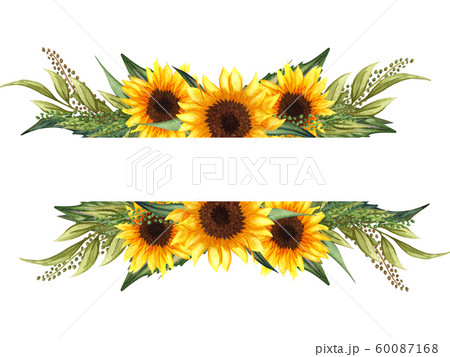 Watercolor floral wreath with sunflowers,leaves, foliage, branches, fern leaves and place for your text. Perfect for wedding, invitations, greeting cards, print. Angled autumn’s sunflowers frame. Watercolor floral wreath with sunflowers,leaves, foliage, branches, fern leaves and place for your text. Perfect for wedding, invitations, greeting cards, print. Angled autumn’s sunflowers frame. 60087168