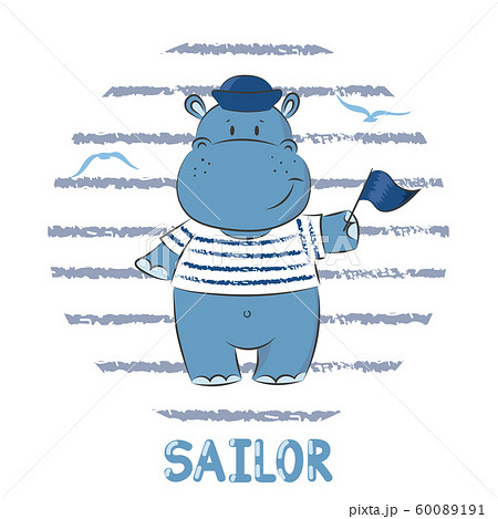 Little Hippo sailor. Cartoon vector illustration for kids.	 60089191