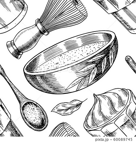 Matcha green tea seamless pattern. Vintage background poster. Organic powder, bamboo whisk, bowl and Matcha green tea seamless pattern. Vintage background poster. Organic powder, bamboo whisk, bowl and 60089745