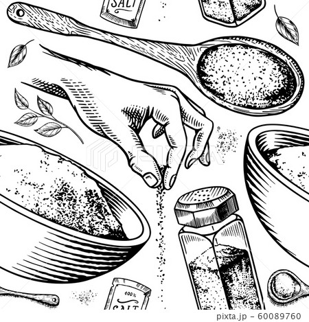 Sea salt seamless pattern. Glass bottles, packaging and and leaves, wooden spoons, powdered powder Sea salt seamless pattern. Glass bottles, packaging and and leaves, wooden spoons, powdered powder 60089760