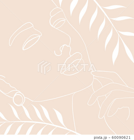 Continuous line, drawing of woman face, fashion concept, woman beauty minimalist with geometric doodle Abstract floral elements pastel colors. One line continuous drawing. vector illustration Continuous line, drawing of woman face, fashion concept, woman beauty minimalist with geometric doodle Abstract floral elements pastel colors. One line continuous drawing. vector illustration 60090621