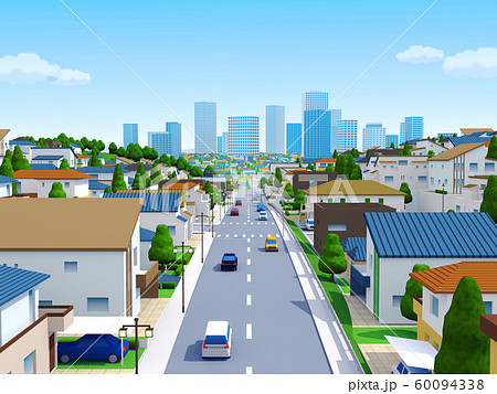 住宅街cg 住宅 街 町 街並み 都会 ビルのイラスト素材