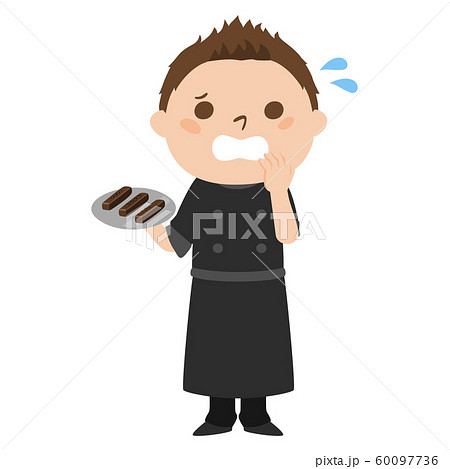 職業別、男性ショコラティエのイラスト。汗をかいて慌てている男性。 60097736