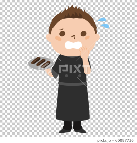 職業別、男性ショコラティエのイラスト。汗をかいて慌てている男性。 60097736