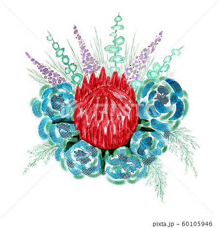 Bouquet with protea, roses and eucalyptus, spring 60105946