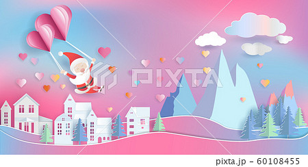 Santa claus floating by heart shape balloon. 60108455