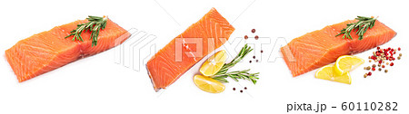 fillet of red fish salmon with lemon and rosemary isolated on white background. Top view. Flat lay. Set or collection 60110282