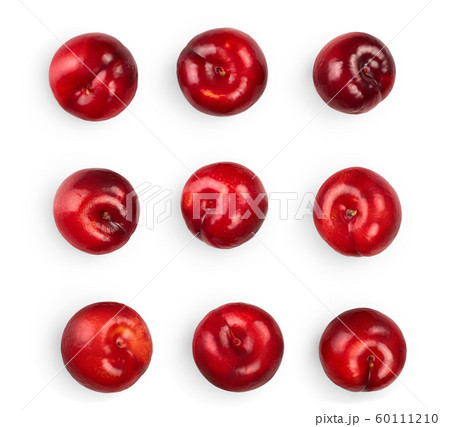 fresh red plum isolated on white background. Top view. Flat lay. Set or collection fresh red plum isolated on white background. Top view. Flat lay. Set or collection 60111210