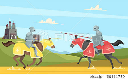 Knights tournament. Medieval chivalry prince in brutal armour helmet warriors on horse vector cartoon background 60111730