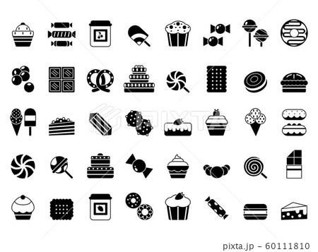 Black icon of sweets. Candies chocolate biscuits pie ice cream and pancakes monochrome vector silhouettes Black icon of sweets. Candies chocolate biscuits pie ice cream and pancakes monochrome vector silhouettes 60111810