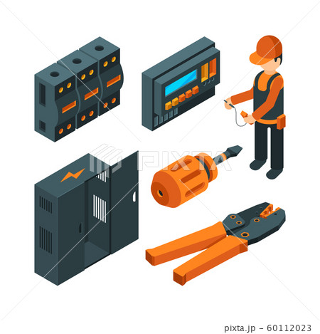 Electrical systems isometric. Electrician worker with industrial power tools for repair and setup unit vector 3d picture 60112023