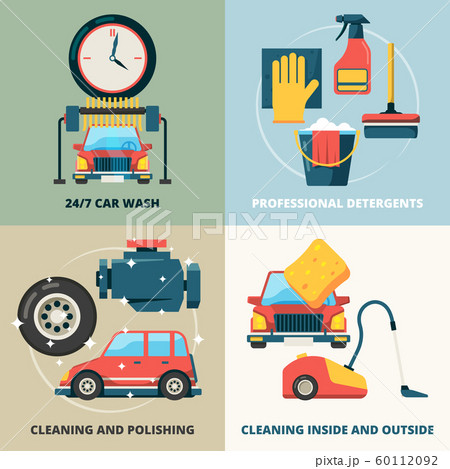 Car dry cleaning. Water wash service foam sponge auto spray vector concept pictures Car dry cleaning. Water wash service foam sponge auto spray vector concept pictures 60112092