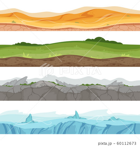 Seamless grounded surface. Parallax desert sand grass water ground vector environment for 2d cartoon games Seamless grounded surface. Parallax desert sand grass water ground vector environment for 2d cartoon games 60112673