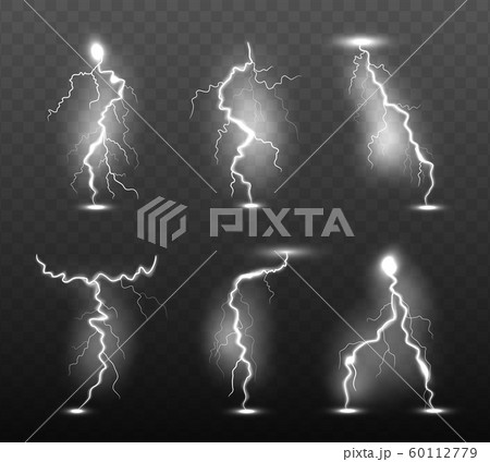 Night lightning. Glow stormy weather light effects power energy electricity thunder rain strike in sky vector realistic collection Night lightning. Glow stormy weather light effects power energy electricity thunder rain strike in sky vector realistic collection 60112779