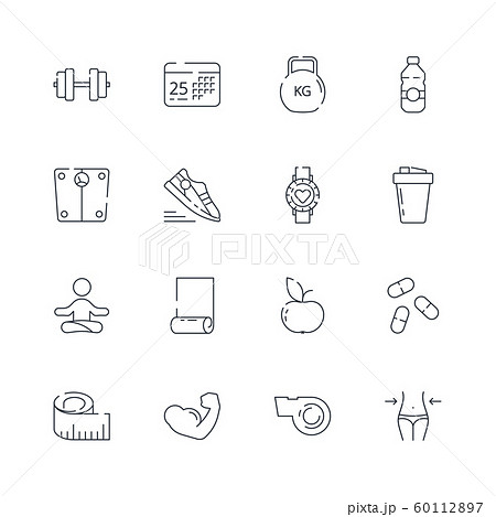 Sport icons. Fitness athlete nutrition aerobics fit coaching healthy food vector thin line symbols 60112897