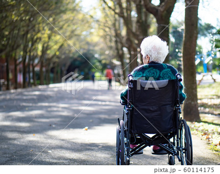 Elderly Asian women, elderly, sit on wheelchairs outdoors in the park. 60114175