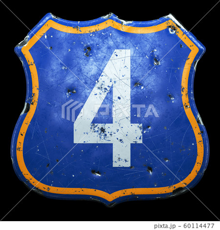 Public road sign in blue and orange color with a capitol white letter 4 in the center isolated black background. 3d 60114477