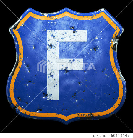 Public road sign in blue and orange color with a capitol white letter F in the center isolated black background. 3d Public road sign in blue and orange color with a capitol white letter F in the center isolated black background. 3d 60114547